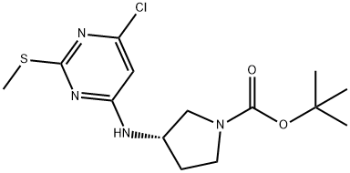 (S)-3-(6-Chloro-2-methylsulfanyl-pyrimidin-4-ylamino)-pyrrolidine-1-carboxylic acid tert-butyl ester Struktur