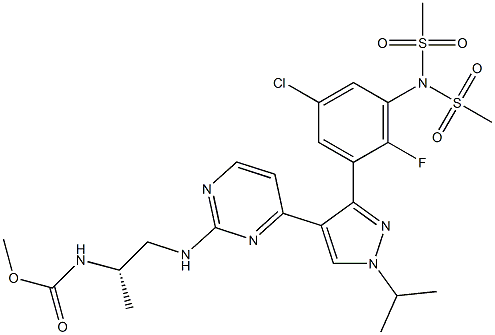 (S)-Methyl (1-((4-(3-(5-chloro-2-fluoro-3-(N-(Methylsulfonyl)MethylsulfonaMido)phenyl)-1-isopropyl-1H-pyrazol-4-yl)pyriMidin-2-yl)aMino)propan-2-yl)carbaMate Struktur