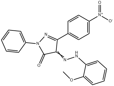 4-[(2-methoxyphenyl)hydrazono]-5-(4-nitrophenyl)-2-phenyl-2,4-dihydro-3H-pyrazol-3-one Struktur