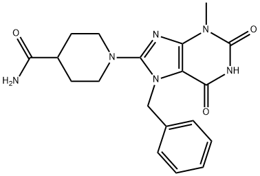 1-(7-benzyl-3-methyl-2,6-dioxo-2,3,6,7-tetrahydro-1H-purin-8-yl)piperidine-4-carboxamide Struktur
