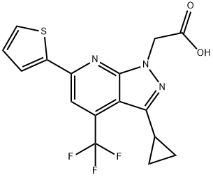 2-[3-Cyclopropyl-6-(2-thienyl)-4-(trifluoromethyl)pyrazolo[3,4-b]pyridin-1-yl]acetic acid Struktur