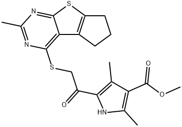 methyl 2,4-dimethyl-5-(2-((2-methyl-6,7-dihydro-5H-cyclopenta[4,5]thieno[2,3-d]pyrimidin-4-yl)thio)acetyl)-1H-pyrrole-3-carboxylate Struktur