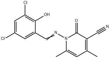 1-[(3,5-dichloro-2-hydroxybenzylidene)amino]-4,6-dimethyl-2-oxo-1,2-dihydro-3-pyridinecarbonitrile Struktur