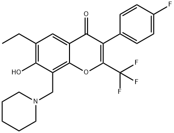 6-ethyl-3-(4-fluorophenyl)-7-hydroxy-8-(piperidin-1-ylmethyl)-2-(trifluoromethyl)-4H-chromen-4-one Struktur