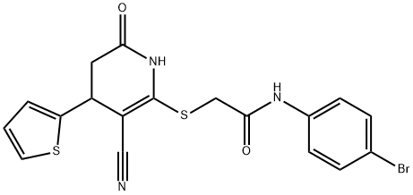 N-(4-bromophenyl)-2-((3-cyano-6-oxo-4-(thiophen-2-yl)-1,4,5,6-tetrahydropyridin-2-yl)thio)acetamide Struktur