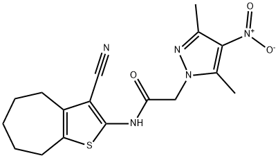 N-(3-cyano-5,6,7,8-tetrahydro-4H-cyclohepta[b]thiophen-2-yl)-2-(3,5-dimethyl-4-nitro-1H-pyrazol-1-yl)acetamide Struktur