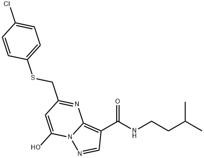 5-(((4-chlorophenyl)thio)methyl)-7-hydroxy-N-isopentylpyrazolo[1,5-a]pyrimidine-3-carboxamide Struktur