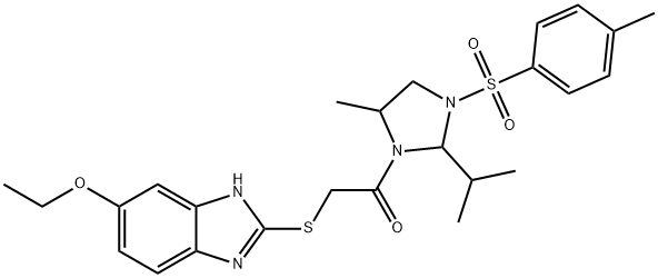 2-[(5-ethoxy-1H-benzimidazol-2-yl)sulfanyl]-1-{5-methyl-3-[(4-methylphenyl)sulfonyl]-2-(propan-2-yl)imidazolidin-1-yl}ethanone Struktur