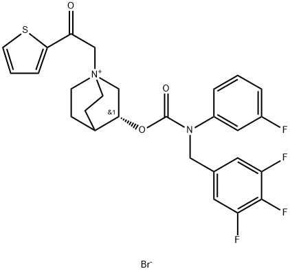 1-Azoniabicyclo[2.2.2]octane, 3-[[[(3-fluorophenyl)[(3,4,5-trifluorophenyl)methyl]amino]carbonyl]oxy]-1-[2-oxo-2-(2-thienyl)ethyl]-, bromide,(3R)- Struktur