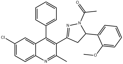 1-(3-(6-chloro-2-methyl-4-phenylquinolin-3-yl)-5-(2-methoxyphenyl)-4,5-dihydro-1H-pyrazol-1-yl)ethan-1-one Struktur