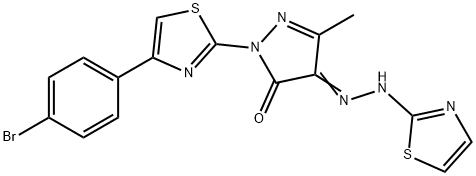2-[4-(4-bromophenyl)-1,3-thiazol-2-yl]-5-methyl-4-(1,3-thiazol-2-ylhydrazono)-2,4-dihydro-3H-pyrazol-3-one Struktur