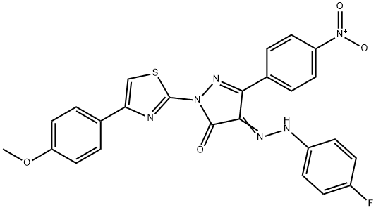 4-[(4-fluorophenyl)hydrazono]-2-[4-(4-methoxyphenyl)-1,3-thiazol-2-yl]-5-(4-nitrophenyl)-2,4-dihydro-3H-pyrazol-3-one Struktur
