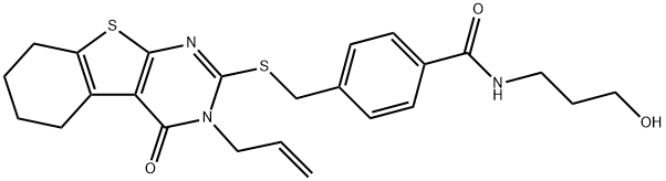 4-(((3-allyl-4-oxo-3,4,5,6,7,8-hexahydrobenzo[4,5]thieno[2,3-d]pyrimidin-2-yl)thio)methyl)-N-(3-hydroxypropyl)benzamide Structure