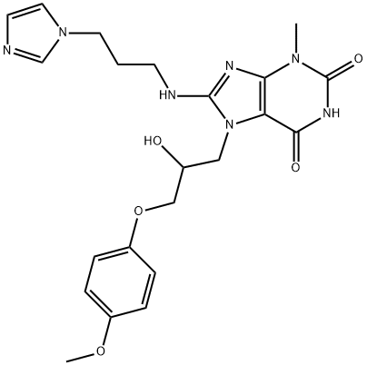 8-((3-(1H-imidazol-1-yl)propyl)amino)-7-(2-hydroxy-3-(4-methoxyphenoxy)propyl)-3-methyl-3,7-dihydro-1H-purine-2,6-dione Struktur