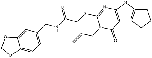 2-((3-allyl-4-oxo-3,5,6,7-tetrahydro-4H-cyclopenta[4,5]thieno[2,3-d]pyrimidin-2-yl)thio)-N-(benzo[d][1,3]dioxol-5-ylmethyl)acetamide Struktur