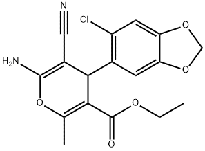 ethyl 6-amino-4-(6-chloro-1,3-benzodioxol-5-yl)-5-cyano-2-methyl-4H-pyran-3-carboxylate Struktur