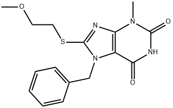 7-benzyl-8-((2-methoxyethyl)thio)-3-methyl-3,7-dihydro-1H-purine-2,6-dione Struktur