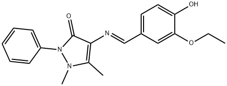 (E)-4-((3-ethoxy-4-hydroxybenzylidene)amino)-1,5-dimethyl-2-phenyl-1,2-dihydro-3H-pyrazol-3-one Struktur