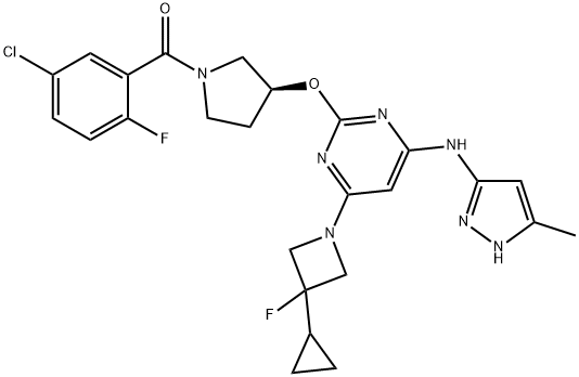 Methanone, (5-chloro-2-fluorophenyl)[(3S)-3-[[4-(3-cyclopropyl-3-fluoro-1-azetidinyl)-6-[(5-methyl-1H-pyrazol-3-yl)amino]-2-pyrimidinyl]oxy]-1-pyrrolidinyl]- Struktur