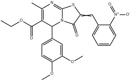 ethyl (2E)-5-(3,4-dimethoxyphenyl)-7-methyl-2-(2-nitrobenzylidene)-3-oxo-2,3-dihydro-5H-[1,3]thiazolo[3,2-a]pyrimidine-6-carboxylate Struktur