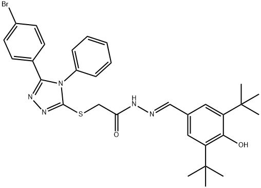(E)-2-((5-(4-bromophenyl)-4-phenyl-4H-1,2,4-triazol-3-yl)thio)-N'-(3,5-di-tert-butyl-4-hydroxybenzylidene)acetohydrazide Struktur