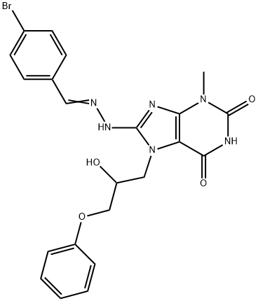 8-[(2E)-2-(4-bromobenzylidene)hydrazinyl]-7-(2-hydroxy-3-phenoxypropyl)-3-methyl-3,7-dihydro-1H-purine-2,6-dione Struktur