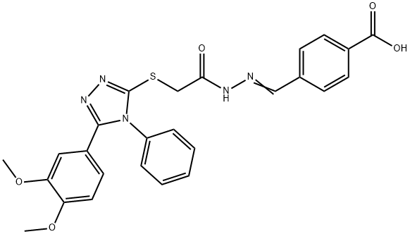 4-{(E)-[2-({[5-(3,4-dimethoxyphenyl)-4-phenyl-4H-1,2,4-triazol-3-yl]sulfanyl}acetyl)hydrazinylidene]methyl}benzoic acid Struktur