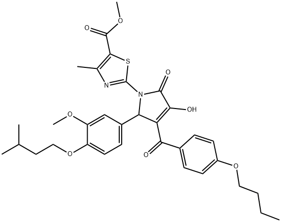 methyl 2-(3-(4-butoxybenzoyl)-4-hydroxy-2-(4-(isopentyloxy)-3-methoxyphenyl)-5-oxo-2,5-dihydro-1H-pyrrol-1-yl)-4-methylthiazole-5-carboxylate Struktur