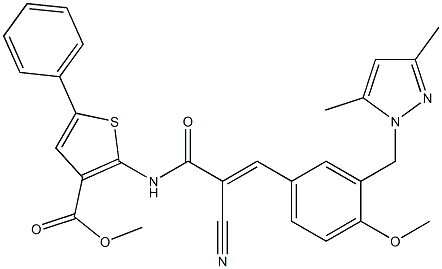 (E)-methyl 2-(2-cyano-3-(3-((3,5-dimethyl-1H-pyrazol-1-yl)methyl)-4-methoxyphenyl)acrylamido)-5-phenylthiophene-3-carboxylate Structure