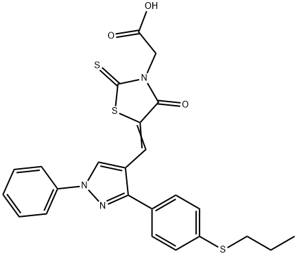 [(5Z)-4-oxo-5-({1-phenyl-3-[4-(propylsulfanyl)phenyl]-1H-pyrazol-4-yl}methylidene)-2-thioxo-1,3-thiazolidin-3-yl]acetic acid Struktur