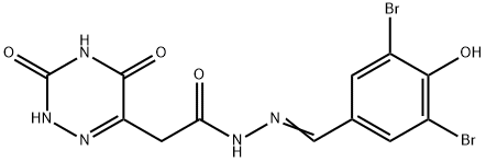 (E)-N'-(3,5-dibromo-4-hydroxybenzylidene)-2-(3,5-dihydroxy-1,2,4-triazin-6-yl)acetohydrazide Struktur