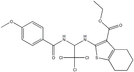 ethyl 2-((2,2,2-trichloro-1-(4-methoxybenzamido)ethyl)amino)-4,5,6,7-tetrahydrobenzo[b]thiophene-3-carboxylate Struktur