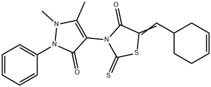 (5Z)-5-(cyclohex-3-en-1-ylmethylidene)-3-(1,5-dimethyl-3-oxo-2-phenyl-2,3-dihydro-1H-pyrazol-4-yl)-2-thioxo-1,3-thiazolidin-4-one Struktur