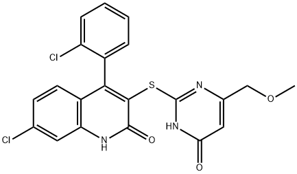 7-chloro-4-(2-chlorophenyl)-3-{[4-hydroxy-6-(methoxymethyl)pyrimidin-2-yl]sulfanyl}quinolin-2-ol Struktur