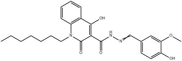 (E)-1-heptyl-4-hydroxy-N'-(4-hydroxy-3-methoxybenzylidene)-2-oxo-1,2-dihydroquinoline-3-carbohydrazide Struktur