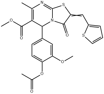 (E)-methyl 5-(4-acetoxy-3-methoxyphenyl)-7-methyl-3-oxo-2-(thiophen-2-ylmethylene)-3,5-dihydro-2H-thiazolo[3,2-a]pyrimidine-6-carboxylate Struktur