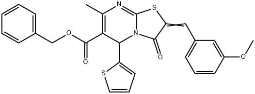 (Z)-benzyl 2-(3-methoxybenzylidene)-7-methyl-3-oxo-5-(thiophen-2-yl)-3,5-dihydro-2H-thiazolo[3,2-a]pyrimidine-6-carboxylate Struktur