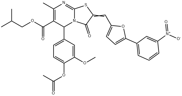 (E)-isobutyl 5-(4-acetoxy-3-methoxyphenyl)-7-methyl-2-((5-(3-nitrophenyl)furan-2-yl)methylene)-3-oxo-3,5-dihydro-2H-thiazolo[3,2-a]pyrimidine-6-carboxylate Struktur