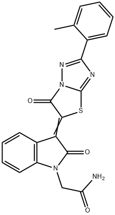 2-{(3E)-3-[2-(2-methylphenyl)-6-oxo[1,3]thiazolo[3,2-b][1,2,4]triazol-5(6H)-ylidene]-2-oxo-2,3-dihydro-1H-indol-1-yl}acetamide Struktur