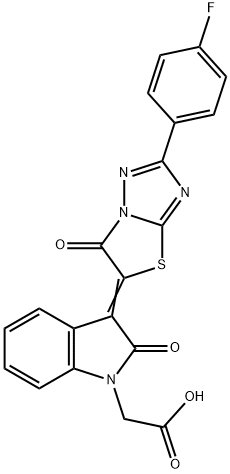 {(3Z)-3-[2-(4-fluorophenyl)-6-oxo[1,3]thiazolo[3,2-b][1,2,4]triazol-5(6H)-ylidene]-2-oxo-2,3-dihydro-1H-indol-1-yl}acetic acid Struktur
