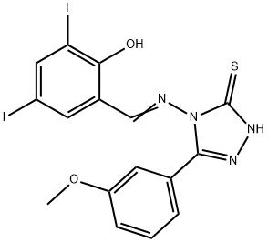 (E)-2,4-diiodo-6-(((3-mercapto-5-(3-methoxyphenyl)-4H-1,2,4-triazol-4-yl)imino)methyl)phenol Struktur