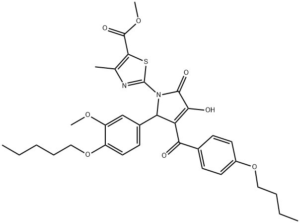 methyl 2-(3-(4-butoxybenzoyl)-4-hydroxy-2-(3-methoxy-4-(pentyloxy)phenyl)-5-oxo-2,5-dihydro-1H-pyrrol-1-yl)-4-methylthiazole-5-carboxylate Struktur