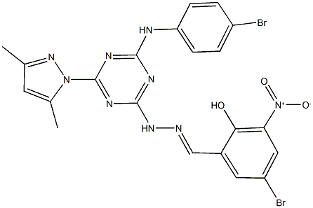 5-bromo-2-hydroxy-3-nitrobenzaldehyde [4-(4-bromoanilino)-6-(3,5-dimethyl-1H-pyrazol-1-yl)-1,3,5-triazin-2-yl]hydrazone Struktur