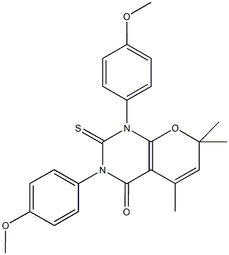 1,3-bis(4-methoxyphenyl)-5,7,7-trimethyl-2-thioxo-1,2,3,7-tetrahydro-4H-pyrano[2,3-d]pyrimidin-4-one Struktur