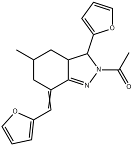 2-acetyl-3-(2-furyl)-7-(2-furylmethylene)-5-methyl-3,3a,4,5,6,7-hexahydro-2H-indazole Struktur