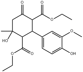 diethyl 4-hydroxy-2-(4-hydroxy-3-methoxyphenyl)-4-methyl-6-oxo-1,3-cyclohexanedicarboxylate Struktur
