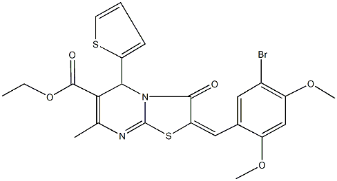 ethyl 2-(5-bromo-2,4-dimethoxybenzylidene)-7-methyl-3-oxo-5-(2-thienyl)-2,3-dihydro-5H-[1,3]thiazolo[3,2-a]pyrimidine-6-carboxylate Struktur
