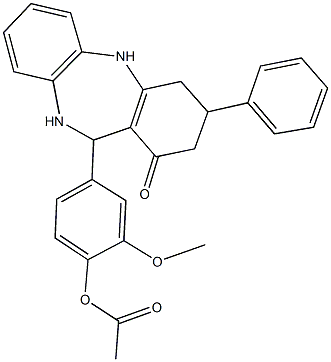 2-methoxy-4-(1-oxo-3-phenyl-2,3,4,5,10,11-hexahydro-1H-dibenzo[b,e][1,4]diazepin-11-yl)phenyl acetate Struktur