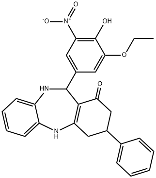 11-{3-ethoxy-4-hydroxy-5-nitrophenyl}-3-phenyl-2,3,4,5,10,11-hexahydro-1H-dibenzo[b,e][1,4]diazepin-1-one Struktur