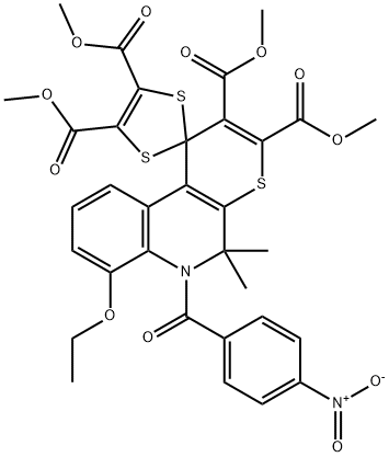 tetramethyl 7-ethoxy-5,5-dimethyl-6-(4-nitrobenzoyl)-5,6-dihydrospiro(1H-thiopyrano[2,3-c]quinoline-1,2'-[1,3]-dithiole)-2,3,4',5'-tetracarboxylate Struktur